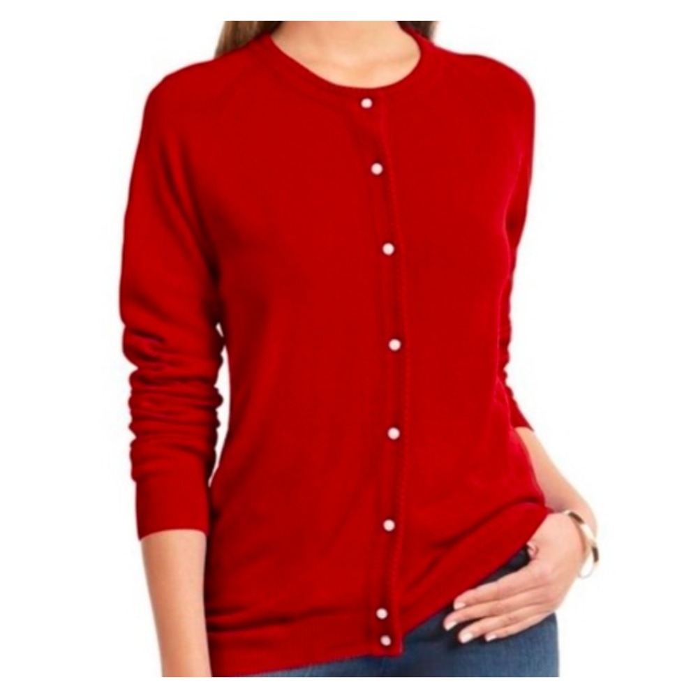 Karen Scott Womens Red Pearl Button Crew Neck Cardigan Sweater Size L